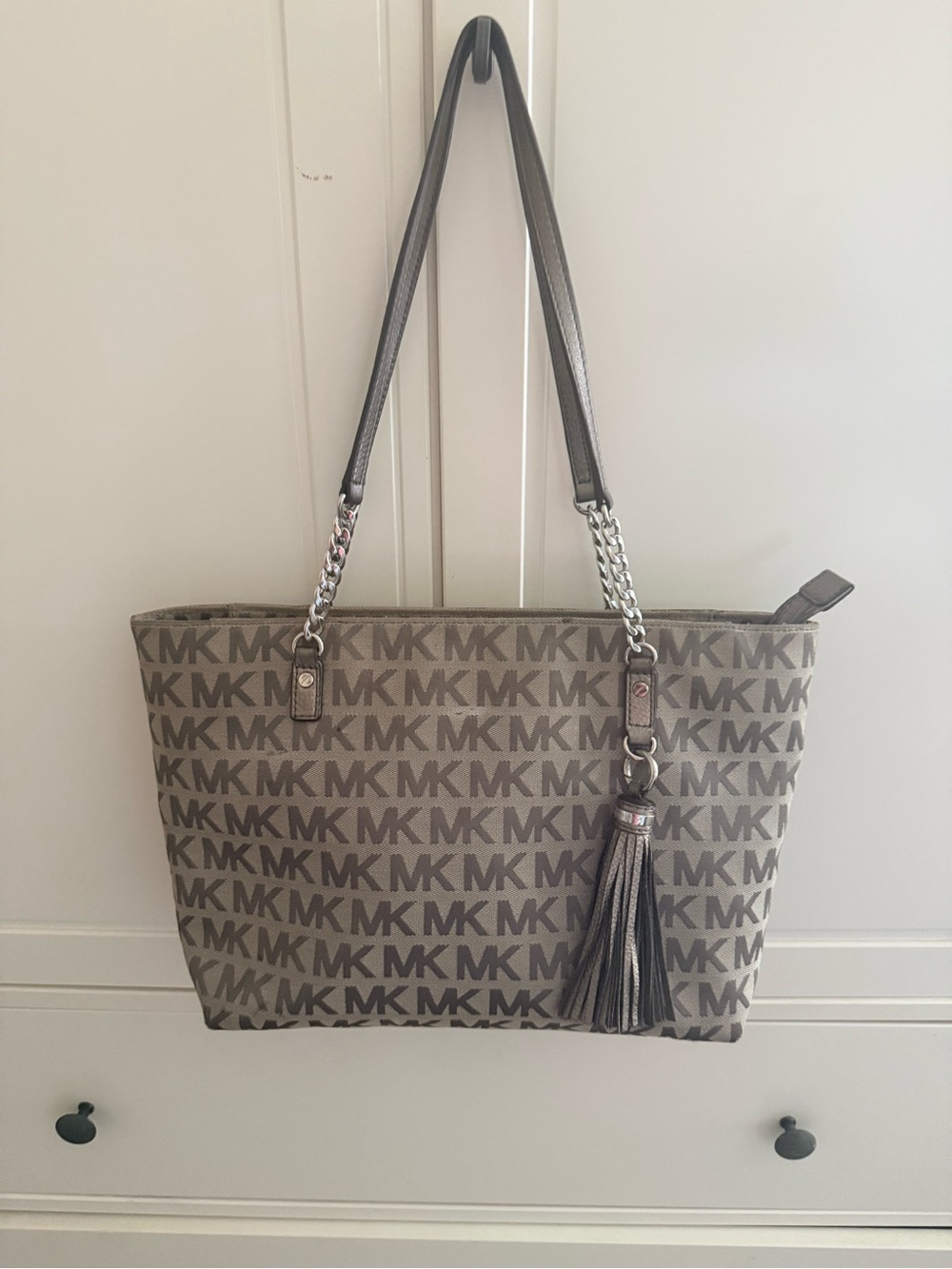 Michael Kors Taupe MK Logo Tote with Tassel Charm